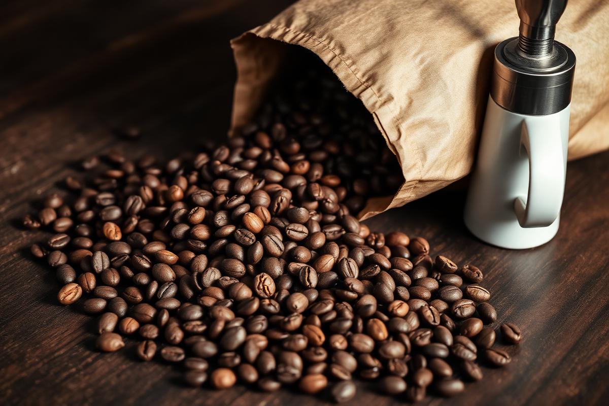 Freshly roasted coffee beans spilling from a kraft bag beside an espresso cup
