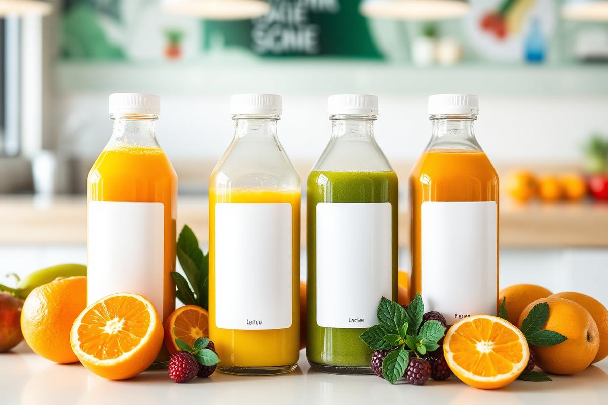 Cold-pressed juice and smoothie bottles with fresh fruit