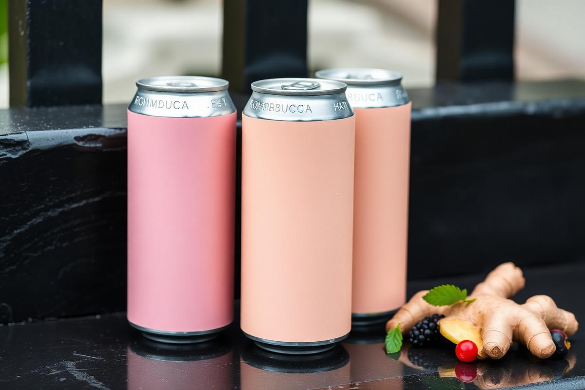 Chilled kombucha cans with ginger and berries