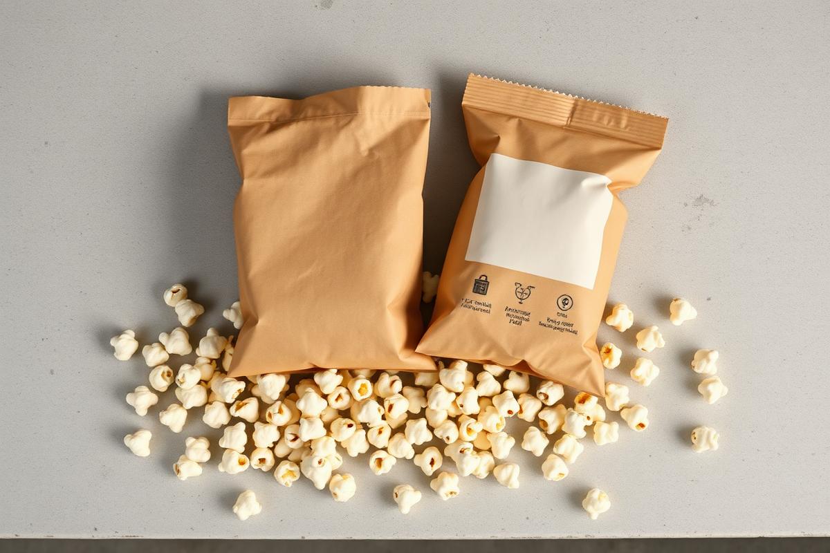 Air-popped popcorn spilling from kraft snack bags on a bench