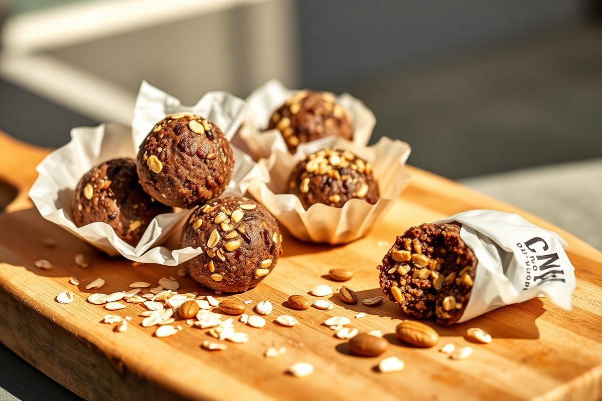 Cacao and peanut protein balls with oats and nuts on a board