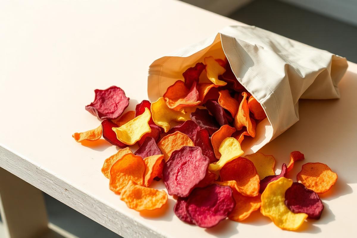 Beetroot, sweet potato and parsnip vegetable chips spilling from a bag