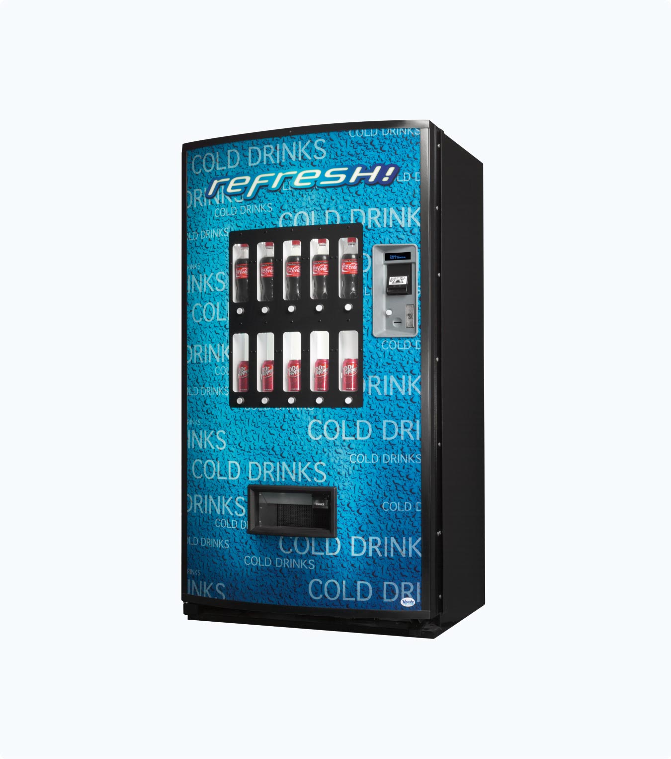 Drink vending machine stocked with chilled cans and bottles