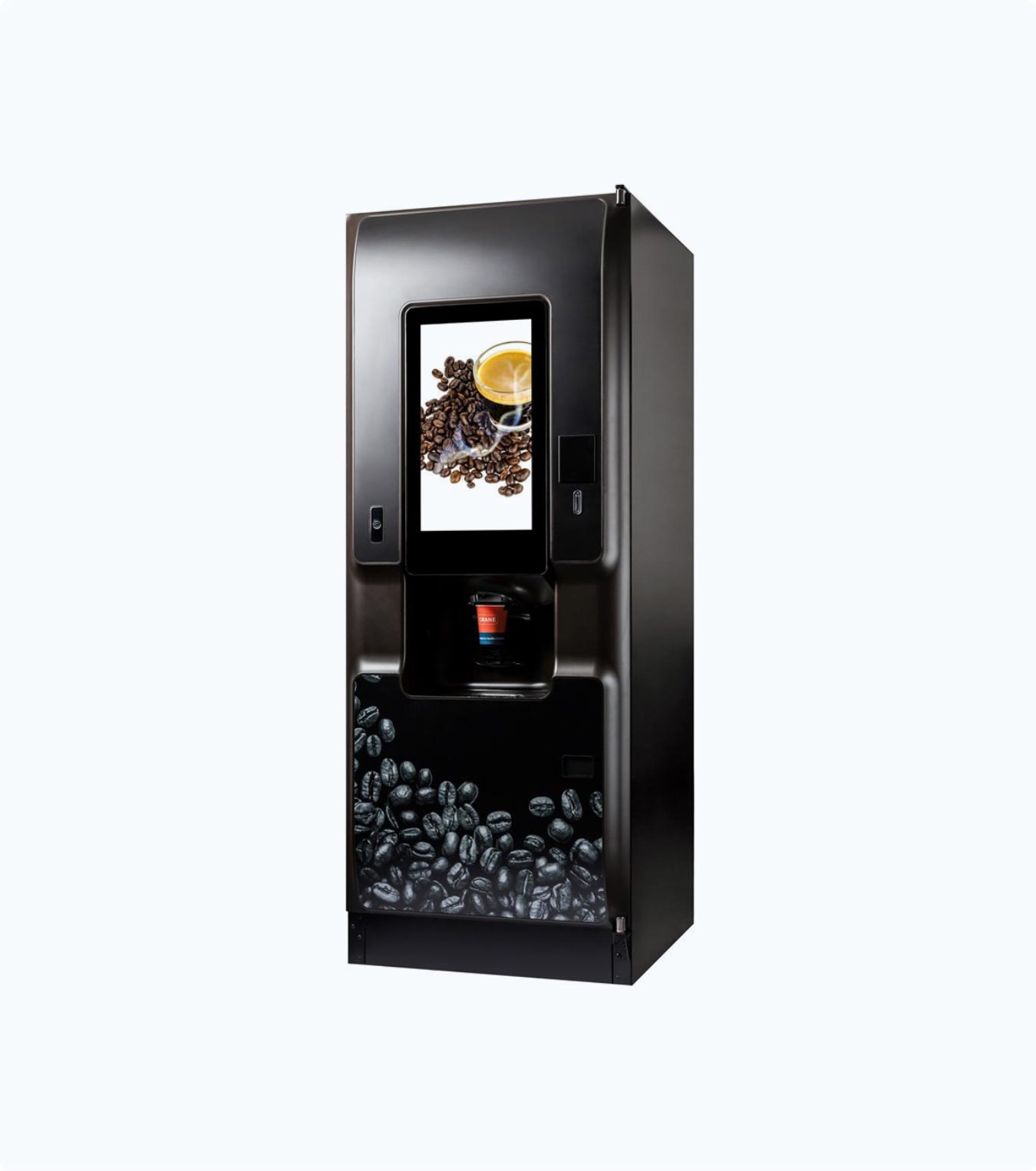 Bean to cup coffee vending machine with touchscreen drink selection for a workplace