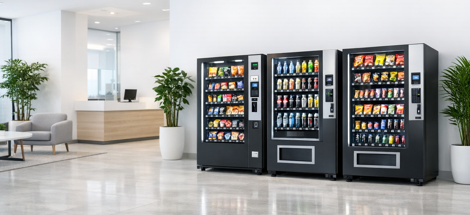 Line-up of snack, drink and cashless vending machines in a Melbourne office lobby