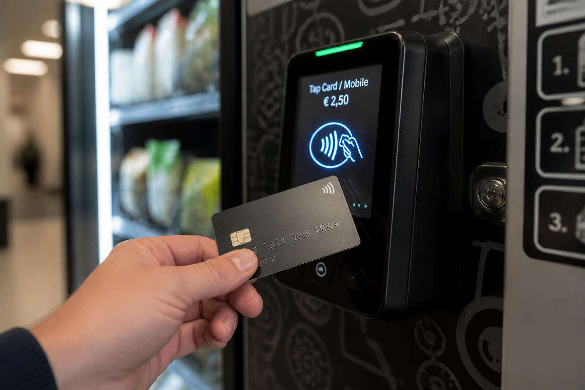 Hand tapping a credit card on the contactless Nayax-style card reader of a cashless food vending machine