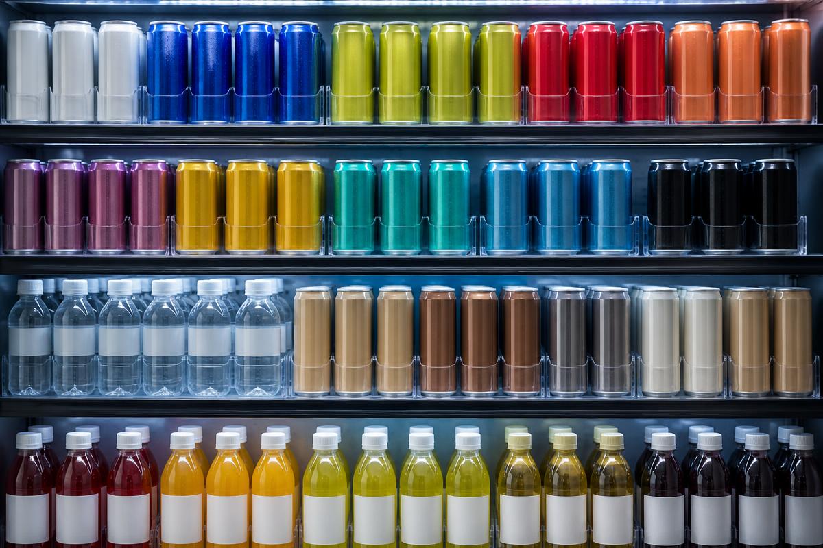 Refrigerated vending shelves filled with energy drinks, sparkling water, iced coffee and juices