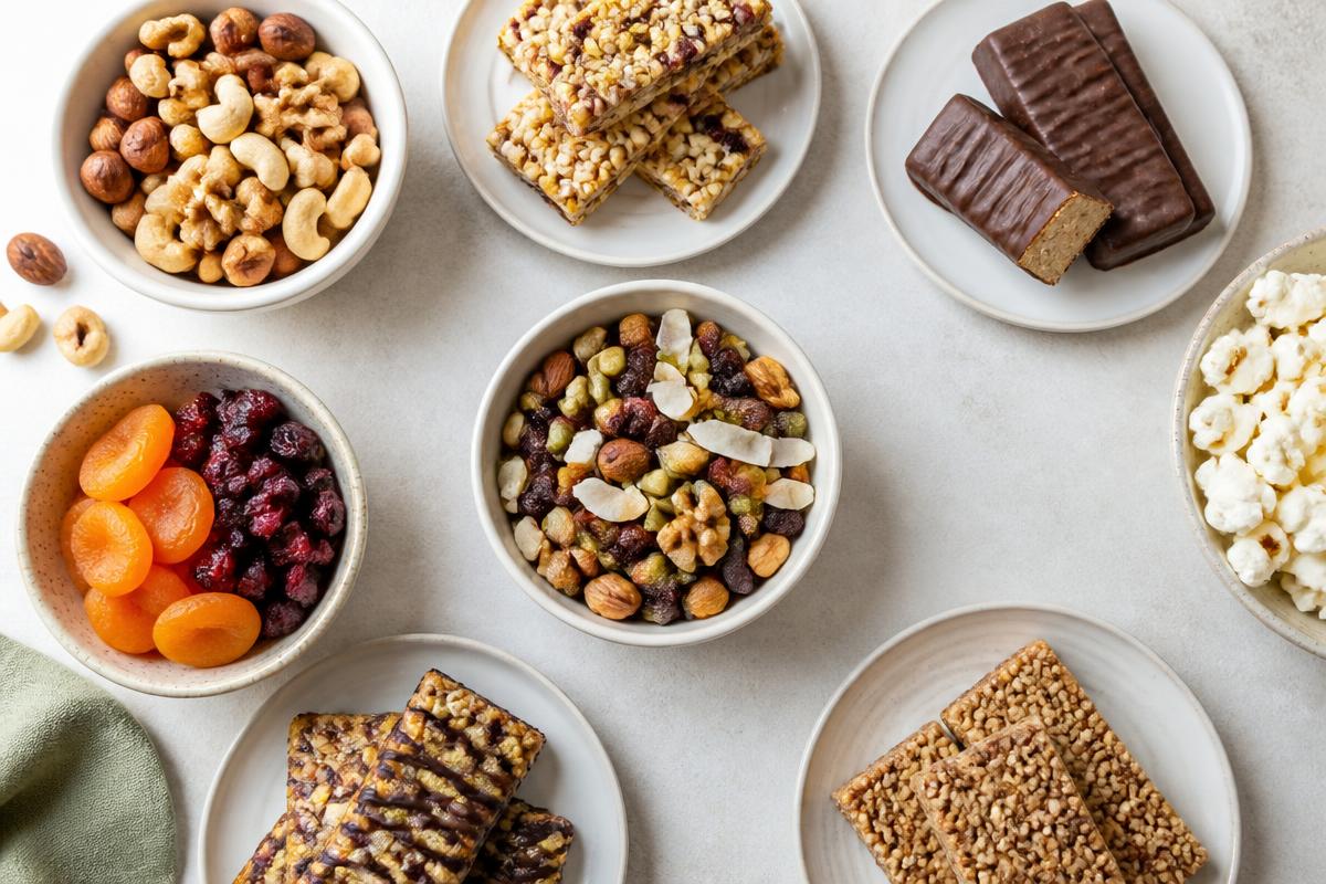 Mixed nuts, trail mix, granola bars, protein bars, dried fruit and popcorn laid out on a bench