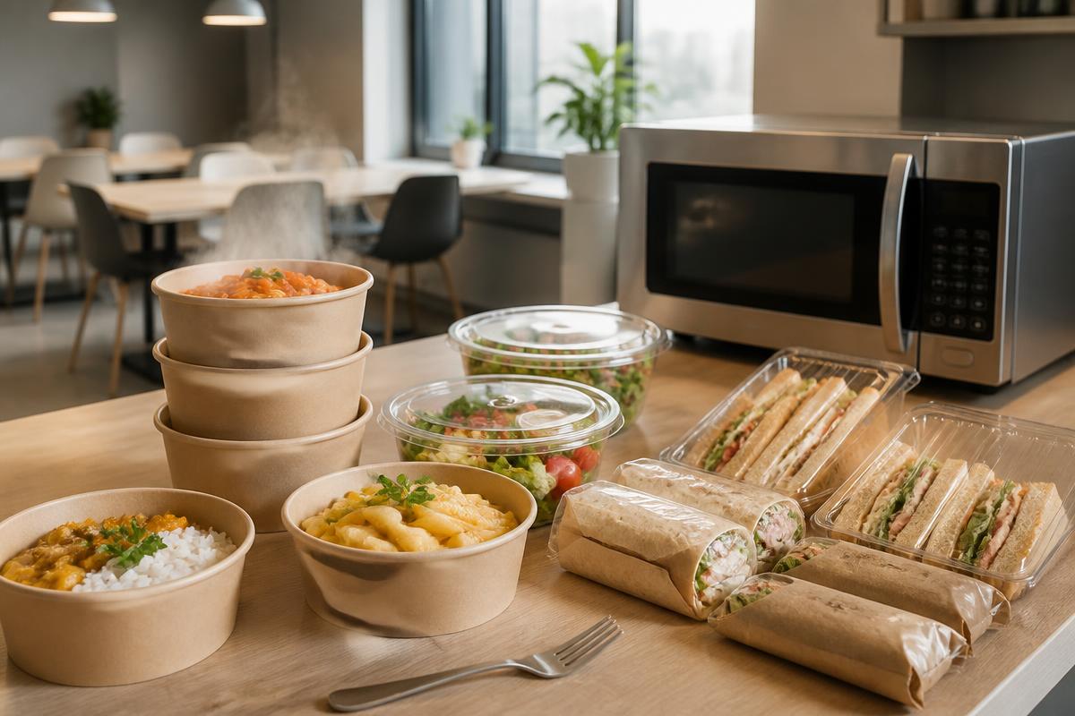 Microwave meals, pasta and curry bowls, salads, wraps and sandwiches on an office kitchen bench