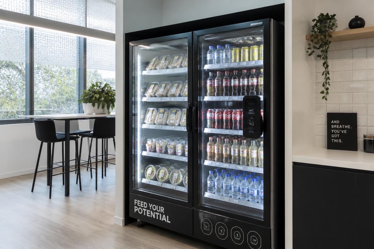 Glass-door smart cooler fridge in a Melbourne office breakroom stocked with drinks, sandwiches and salads
