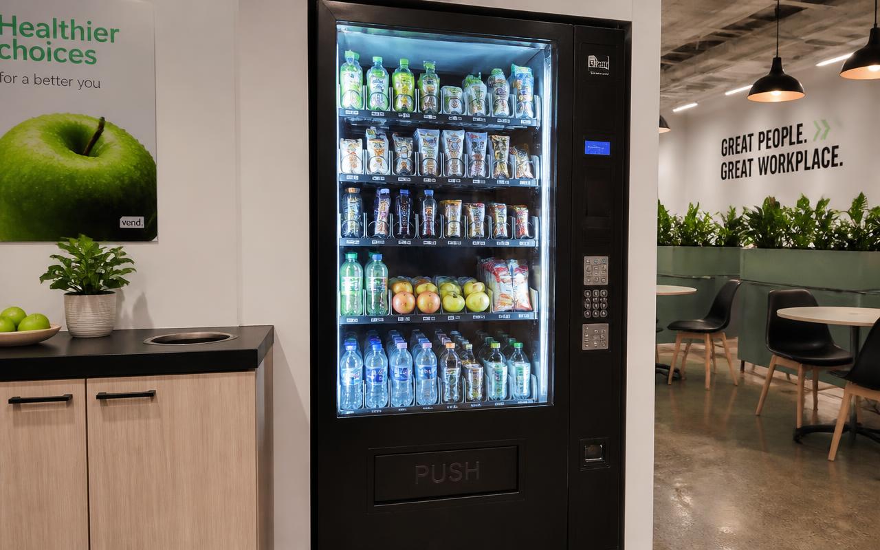 Healthy vending machine in a Melbourne workplace stocked with bottled water, nuts, protein bars, fruit and low-sugar drinks