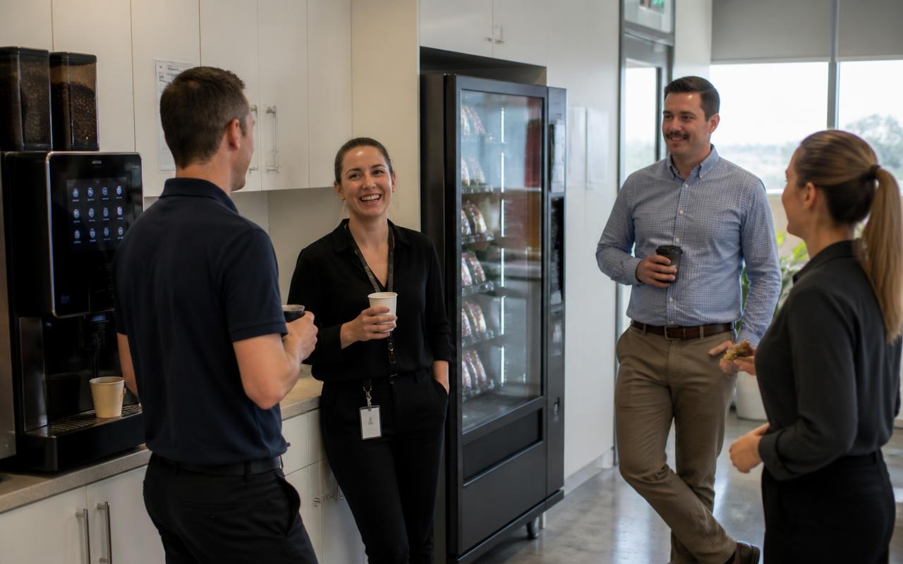 Workplace team taking a short on-site coffee and snack break beside a vending machine and bean-to-cup coffee unit