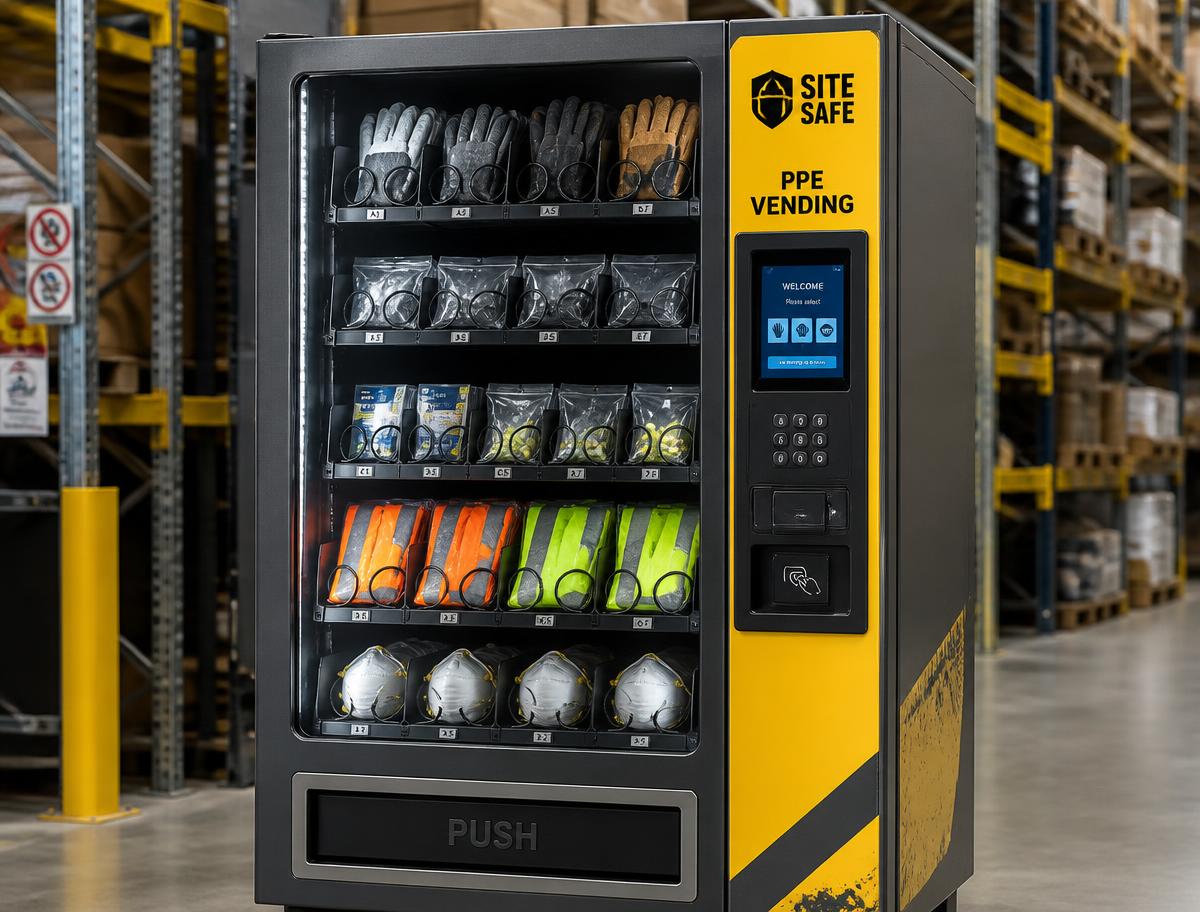 PPE safety vending machine stocked with gloves, safety glasses and hi-vis vests in a warehouse