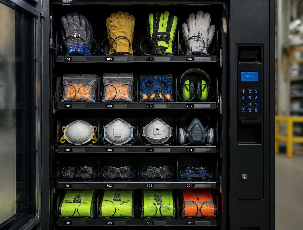 Interior shelves of a PPE vending machine holding gloves, earplugs, respirators, safety glasses and hi-vis vests