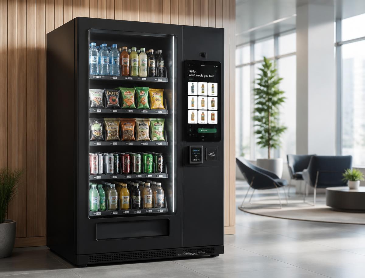 Smart cashless vending machine with touchscreen in a corporate office lobby