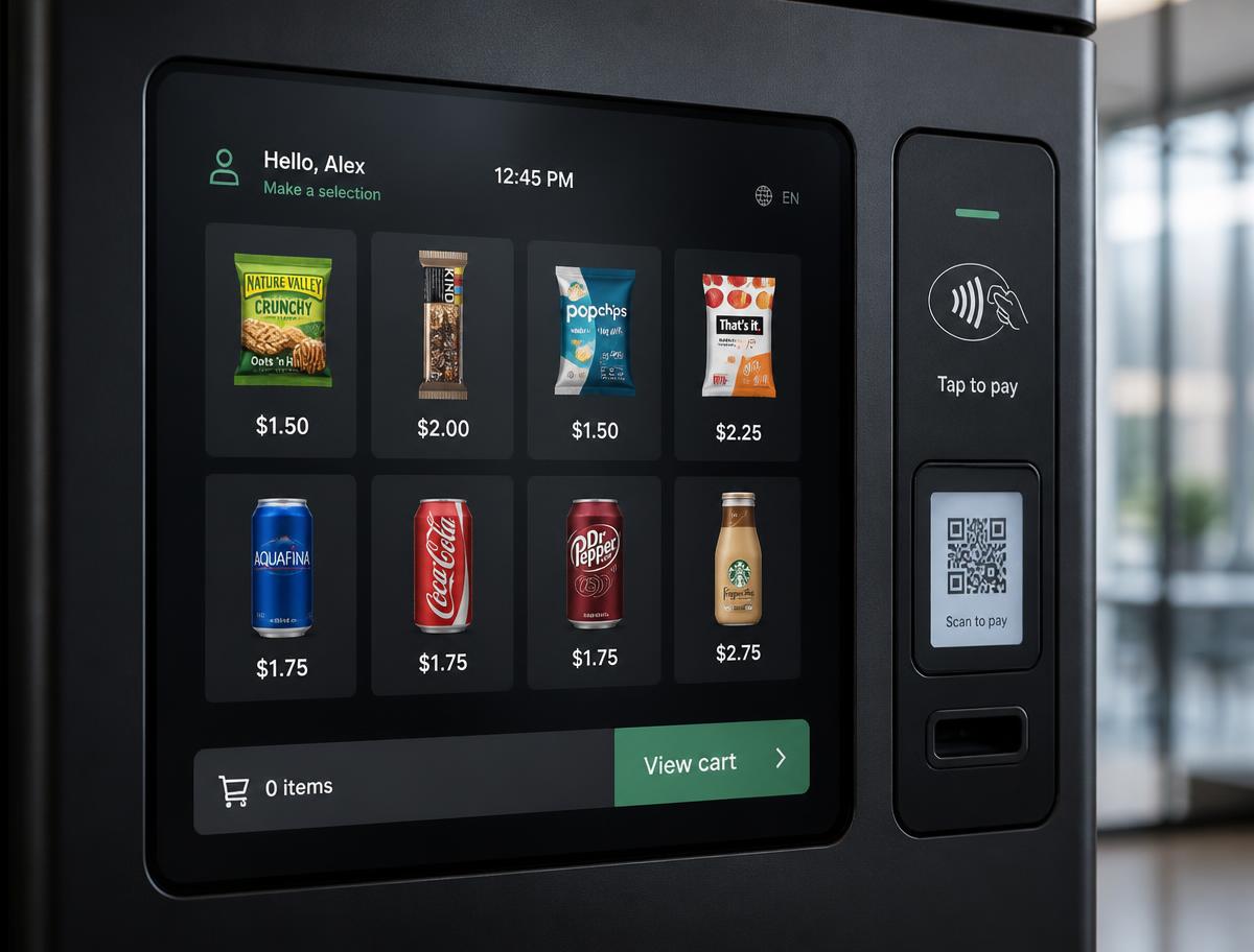 Close-up of a smart vending machine touchscreen showing products, tap-to-pay and QR code payment