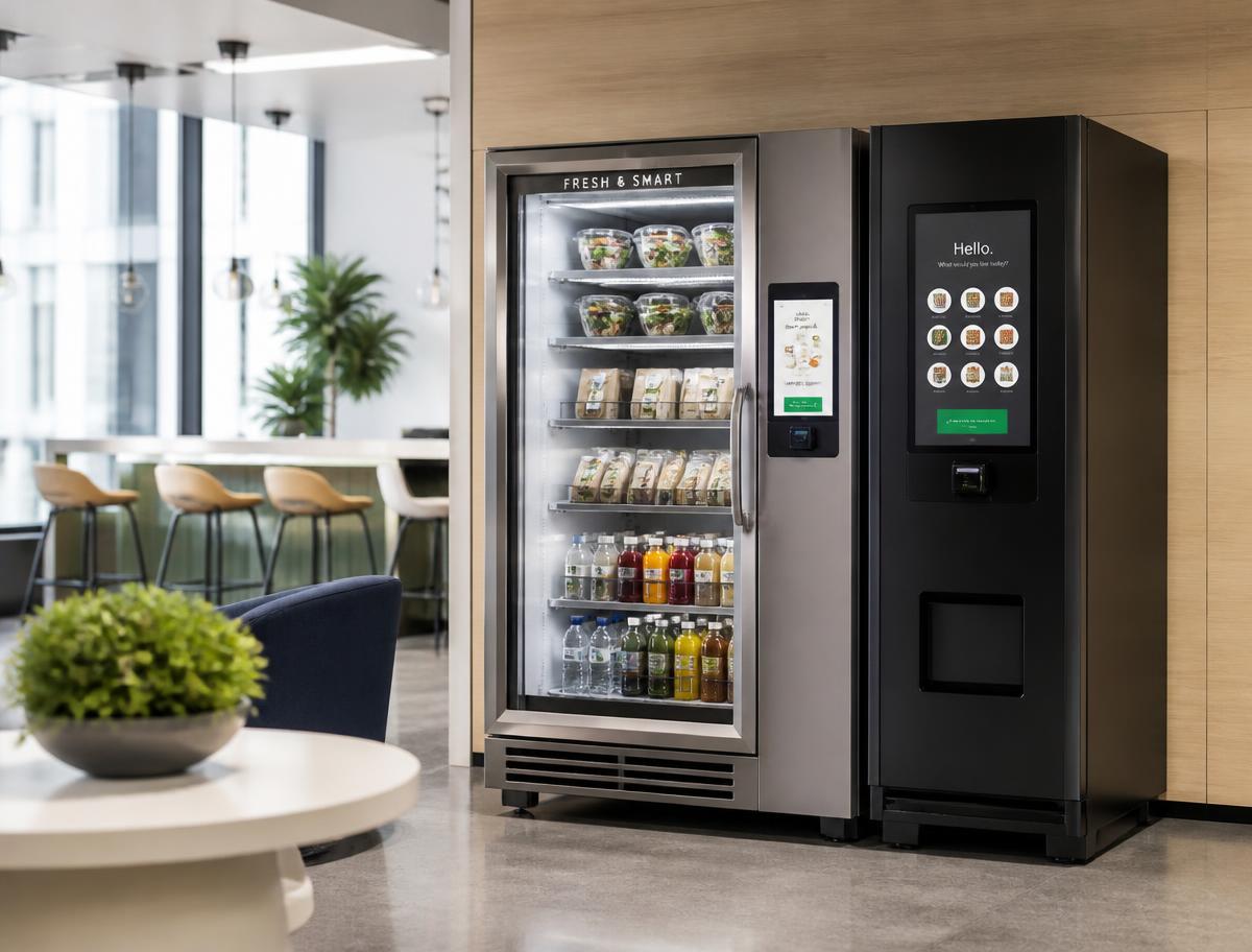 Smart fridge vending unit stocked with fresh salads, sandwiches and drinks beside a cashless vending machine