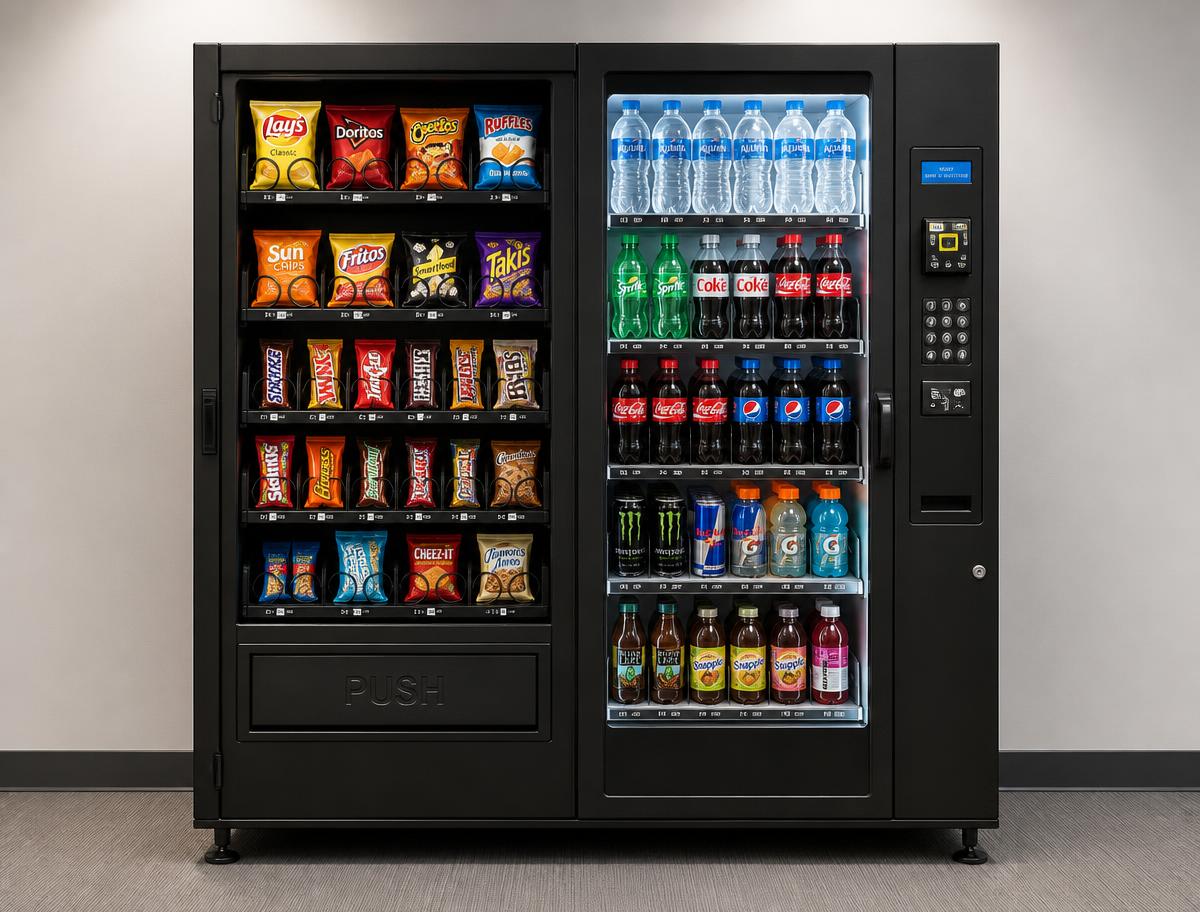 Front view of a fully stocked snack and drink combo vending machine with refrigerated drink shelves