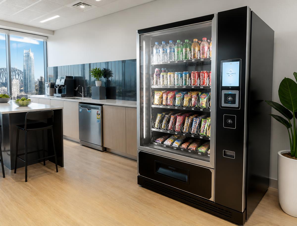Snack and drink combo vending machine installed in a Melbourne office breakroom