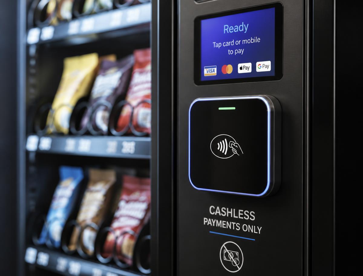 Close-up of the tap-and-go contactless card reader on a combo vending machine