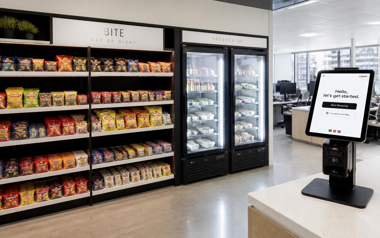 Workplace micro market with open snack shelving, glass-door fresh food fridges and a self-checkout kiosk in a Melbourne office