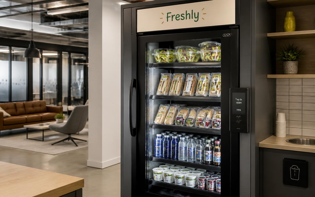 Workplace smart fridge stocked with fresh salads, sandwiches, yoghurt and cold drinks with a tap-to-open card reader