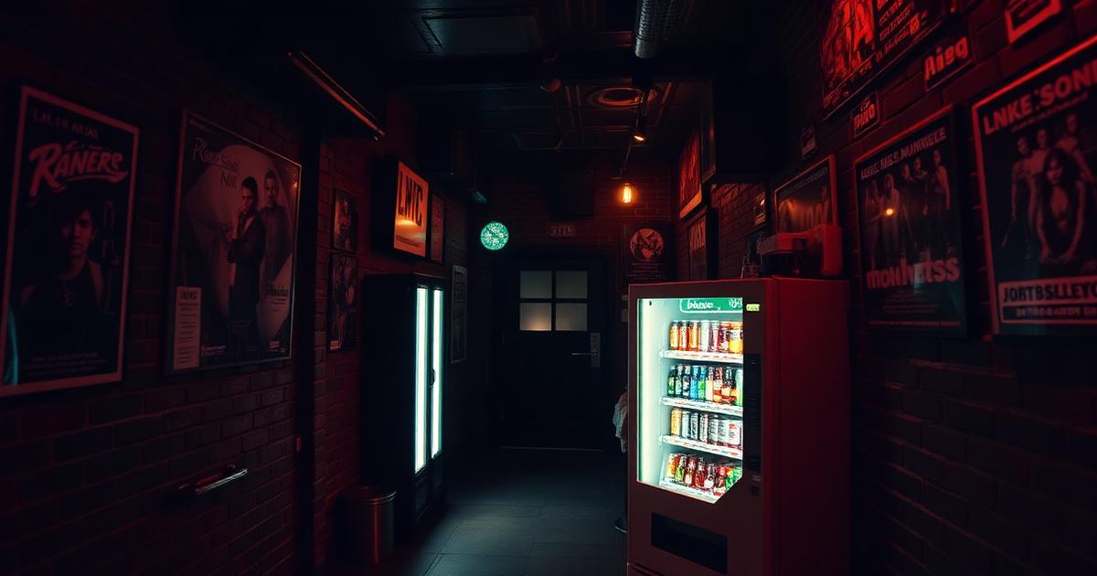 Cashless vending machine in a Melbourne live music venue corridor serving patrons late at night in Victoria