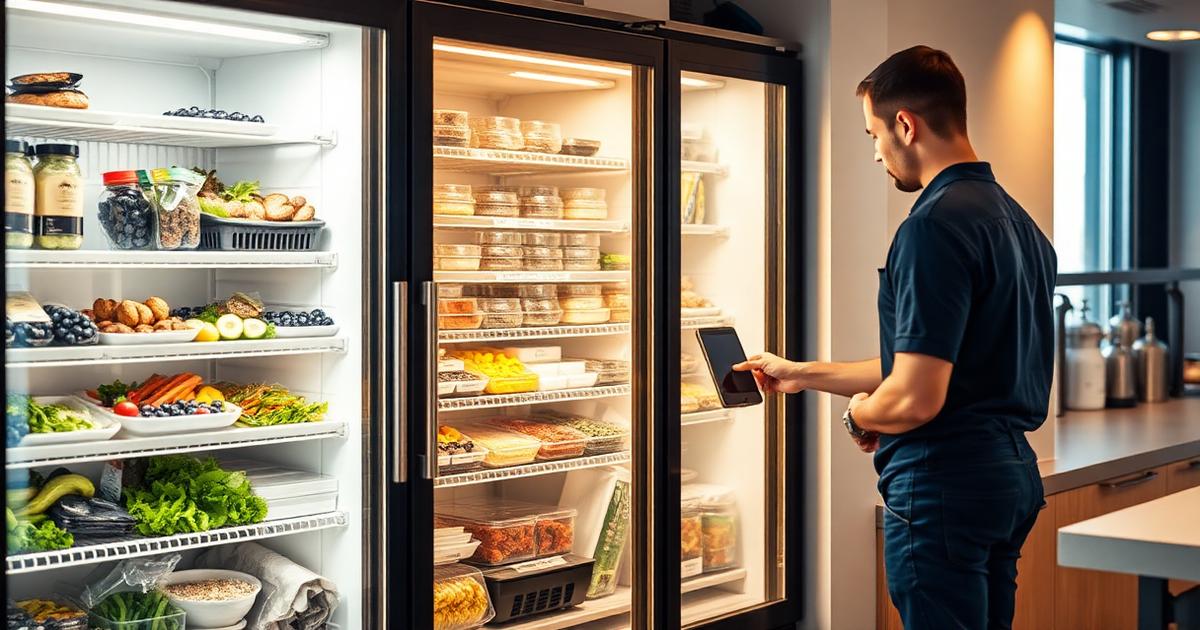 Smart food fridge stocked with fresh meals in a Melbourne CBD corporate office kitchen with an employee tapping a card