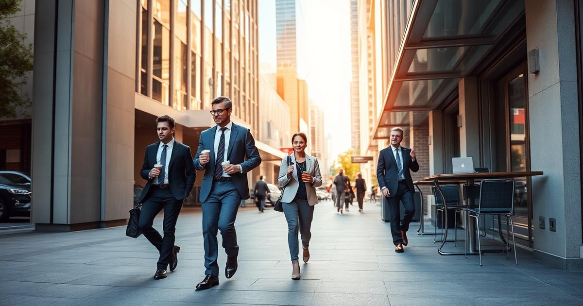 Australian office workers walking back to a corporate building carrying takeaway coffee cups in a city business district